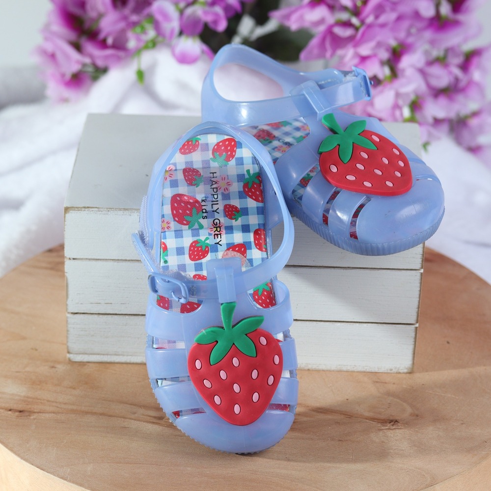 Happily Grey Kids Blue Strawberry Jelly Sandals Gingham Print Size 8 USA HX-1831